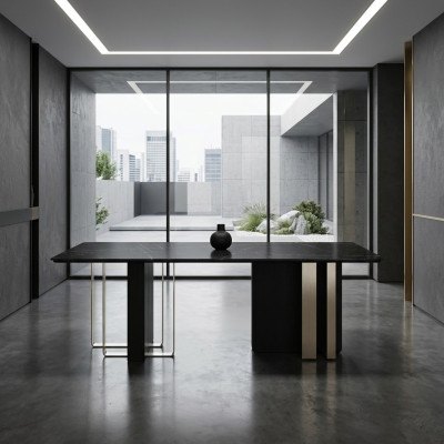 Large black dining table, dining room furniture, wooden table, stainless steel table