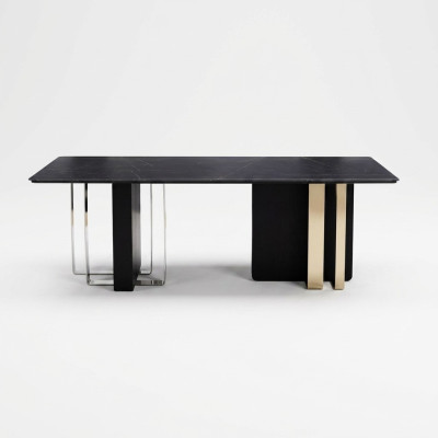 Large black dining table, dining room furniture, wooden table, stainless steel table