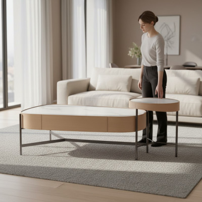 Living room set: 2x coffee table beige modern luxury stainless steel