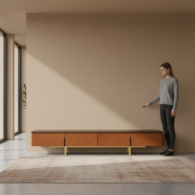 TV stand, orange, material: wood, style: modern, living room, 200cm, cabinets