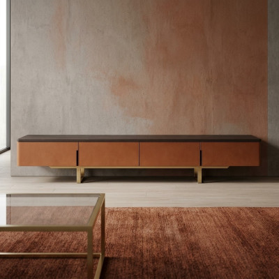TV stand, orange, material: wood, style: modern, living room, 200cm, cabinets