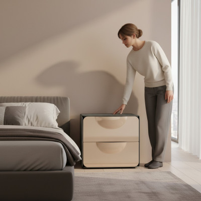 Beige nightstand with 2 drawers, bedroom night console, wooden console.