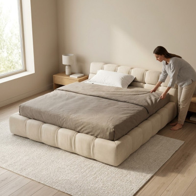 White beige bed bedroom beds double beds sleep beds textile
