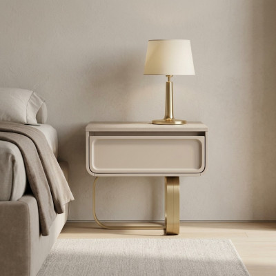 Beige nightstand bedroom side table stainless steel wooden table modern