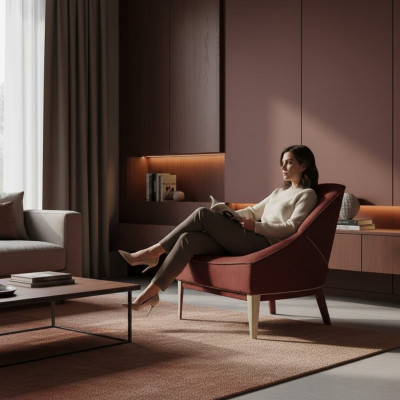 Red designer armchair with wooden legs, upholstered single-seater for living room furniture.