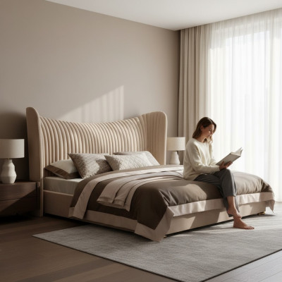 Beige double bed designer wood beds bed frames bedroom furniture bed