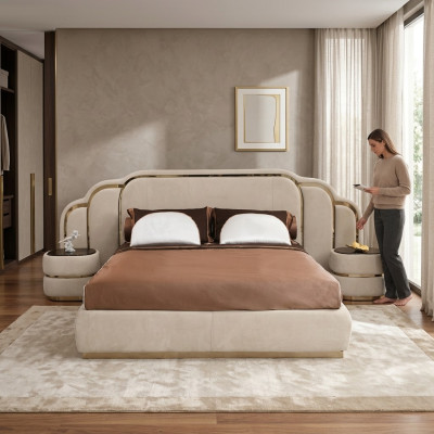 Beige bedroom furniture set with bed and 2x nightstands wood luxury 3 pieces