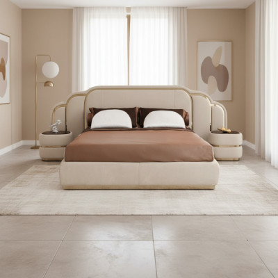 Beige bedroom furniture set with bed and 2x nightstands wood luxury 3 pieces