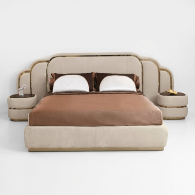 Beige bedroom furniture set with bed and 2x nightstands wood luxury 3 pieces