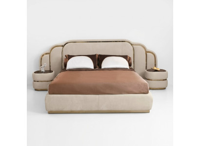 Beige bedroom furniture set with bed and 2x nightstands wood luxury 3 pieces