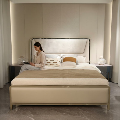 Bedroom bed beds designer double bed natural wood bed bed frame beige