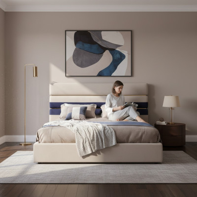 Modern designer double bed with wooden frame Stylish bed new in beige