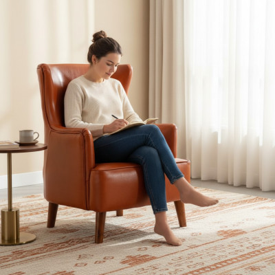 Orange armchair single-seater living room luxury faux leather upholstered furniture new