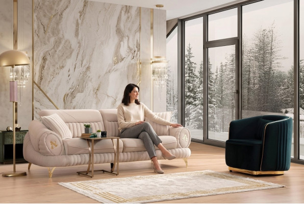 3-seater sofa with armchair, white elegant modern luxury design furniture
