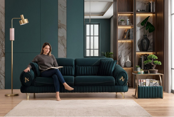 Green Three-Seater Luxury Sofa Modern Wood Design Living Room Furniture New