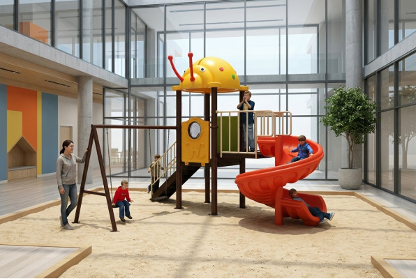 Children's playground with slides and swings entertainment for kids