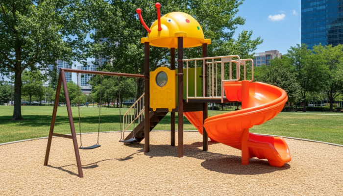 Children's playground with slides and swings entertainment for kids