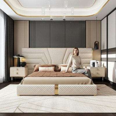 Bedroom Modern Wood Textile Beds Bed Upholstered Bed Luxury Double