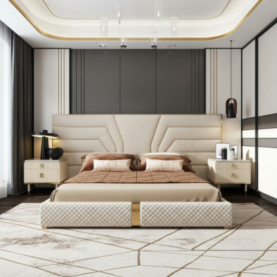 Bedroom Modern Wood Textile Beds Bed Upholstered Bed Luxury Double