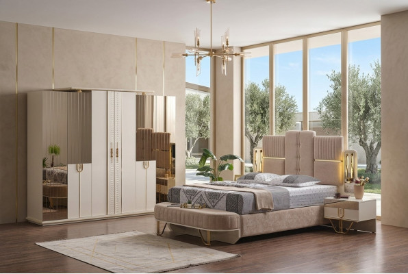 Luxury bedroom set 5-piece: bed, 2 bedside tables, wardrobe, bench modern