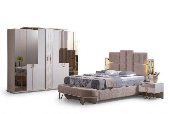 Luxury bedroom set 5-piece: bed, 2 bedside tables, wardrobe, bench modern