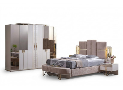 Luxury bedroom set 5-piece: bed, 2 bedside tables, wardrobe, bench modern