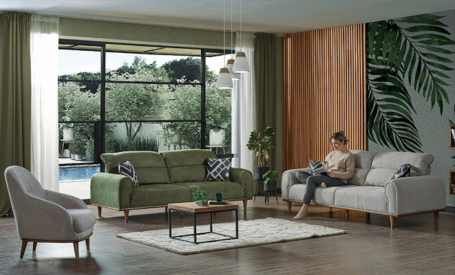 Sofa set 3+1+1 seater living room set complete textile sofa armchair wood new