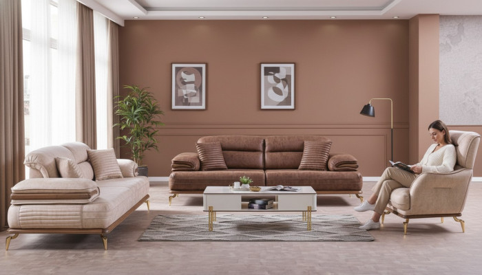 Living room furniture set 3+3+1 seats sofa suite 2x sofas armchair brown