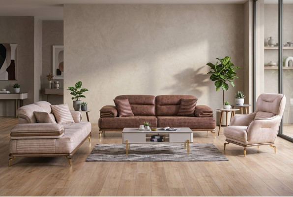 Living room furniture set 3+3+1 seats sofa suite 2x sofas armchair brown