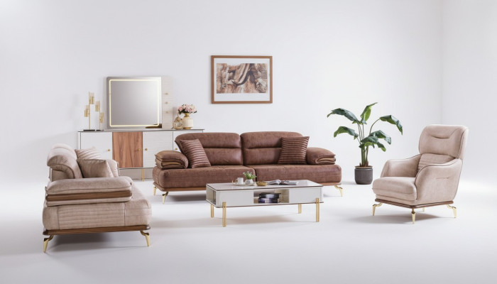Living room furniture set 3+3+1 seats sofa suite 2x sofas armchair brown