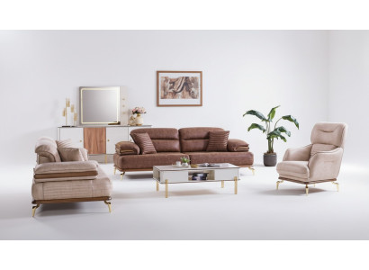 Living room furniture set 3+3+1 seats sofa suite 2x sofas armchair brown