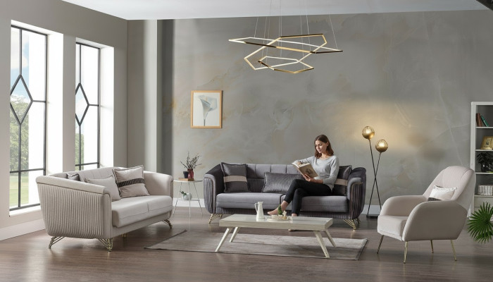 Designer sofa set 3+3+1 seater couch upholstered seating set velvet set grey
