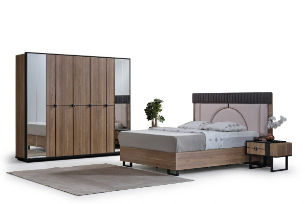 Luxury bedroom set 4-piece. Bed, 2 bedside tables, wardrobe, cabinet wood