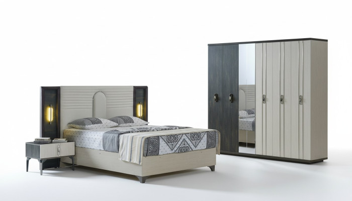 Luxury bedroom set, 4 pieces: bed, 2 nightstands, wardrobe, beige.