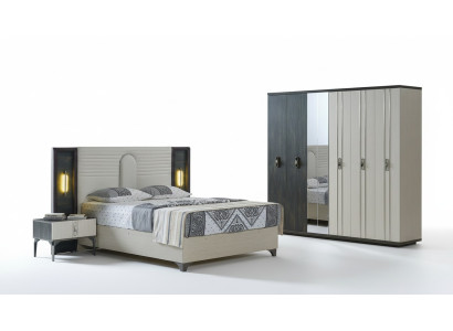 Luxury bedroom set, 4 pieces: bed, 2 nightstands, wardrobe, beige.