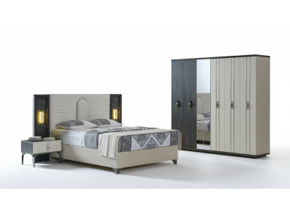 Luxury bedroom set, 4 pieces: bed, 2 nightstands, wardrobe, beige.