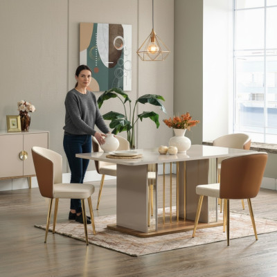 Dining room set Modern dining table + 6x chairs table wood upholstered chair 7-piece set