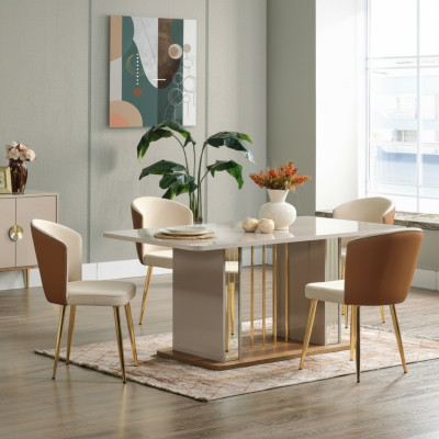 Dining room set Modern dining table + 6x chairs table wood upholstered chair 7-piece set