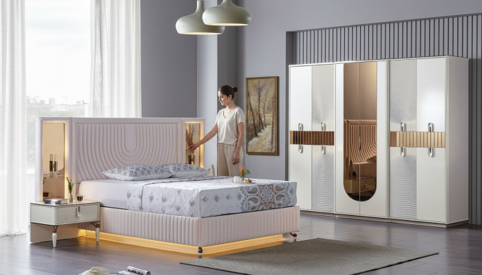 Luxury bedroom set bed 2x nightstands wardrobe wood complete modern new