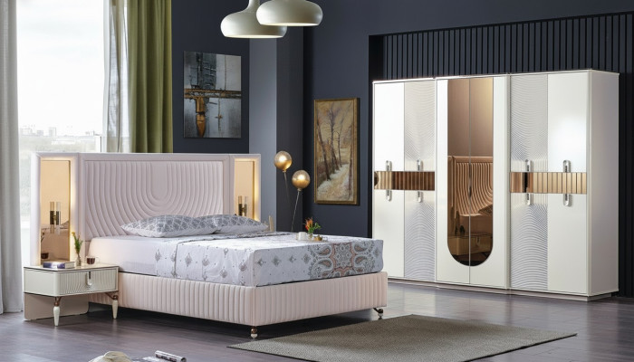 Luxury bedroom set bed 2x nightstands wardrobe wood complete modern new