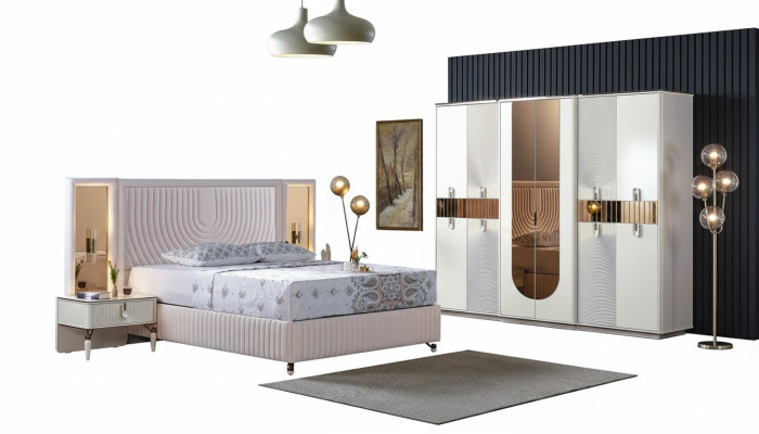 Luxury bedroom set bed 2x nightstands wardrobe wood complete modern new