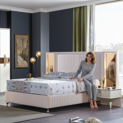 Luxury Bedroom Set Bed + 2x Wooden Bedside Tables Complete Modern