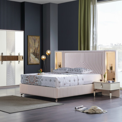 Luxury Bedroom Set Bed + 2x Wooden Bedside Tables Complete Modern