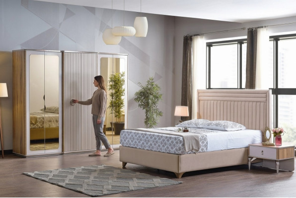 Modern bedroom set bed 2x nightstands wardrobe new luxury