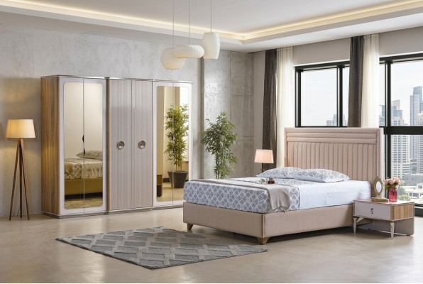 Modern bedroom set bed 2x nightstands wardrobe new luxury
