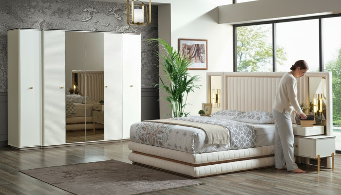 Bedroom set bed 2x nightstands wardrobe design furniture 4-piece beige