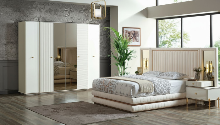 Bedroom set bed 2x nightstands wardrobe design furniture 4-piece beige