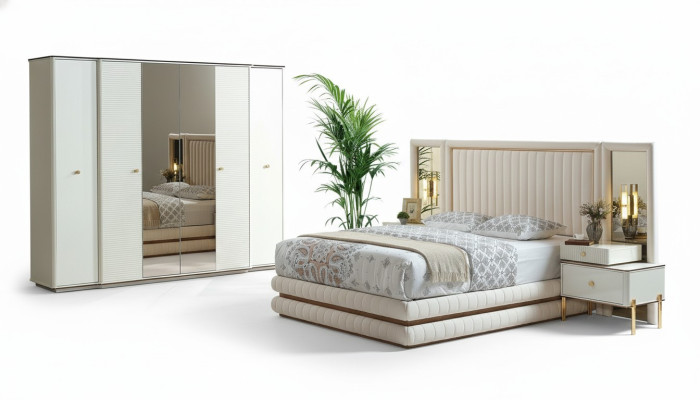 Bedroom set bed 2x nightstands wardrobe design furniture 4-piece beige