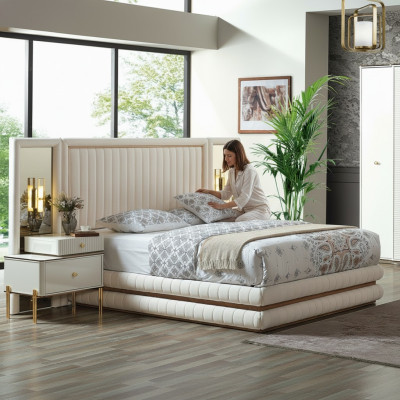 Modern bedroom set bed + 2x nightstands design furniture 3 pcs. Beige