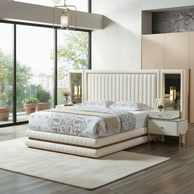 Modern bedroom set bed + 2x nightstands design furniture 3 pcs. Beige